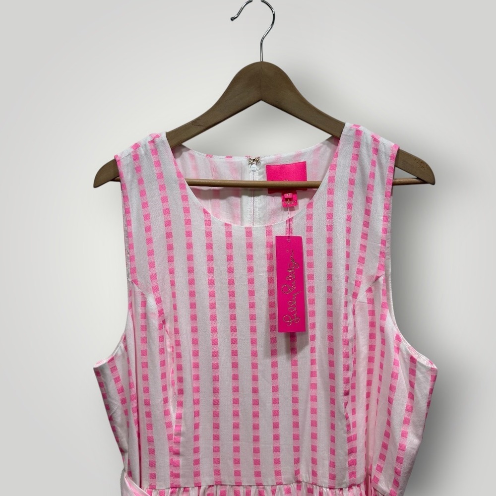 Lilly Pulitzer Maybella Midi Dress Pink Isle Gingham Stripe Lace Trim 16 NEW - Picture 3 of 10